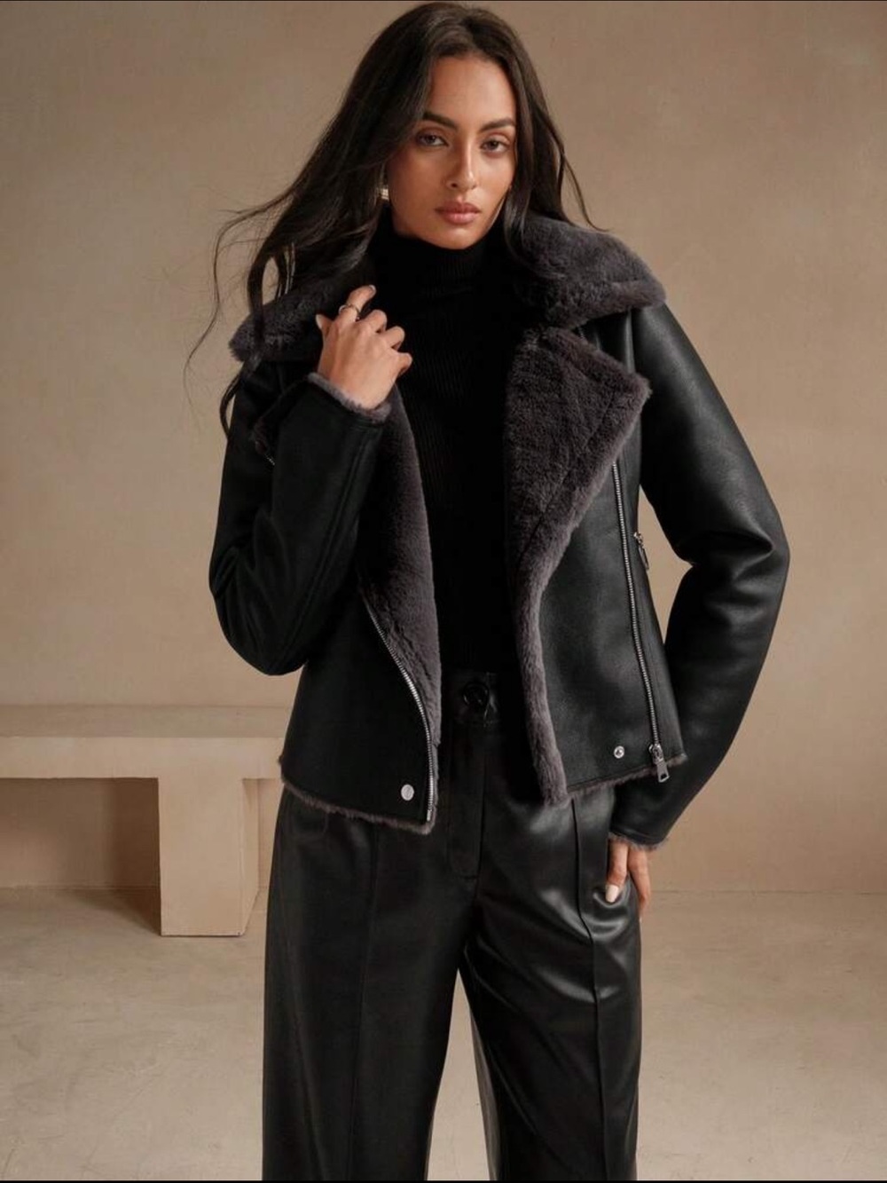 Black Casual Women's Faux Leather Composite Collar Jacket